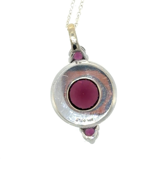 3.75ct Round Garnet 14KW Gold Pendant .24ct Dia .38ct Ruby 3.75g Silver Chain