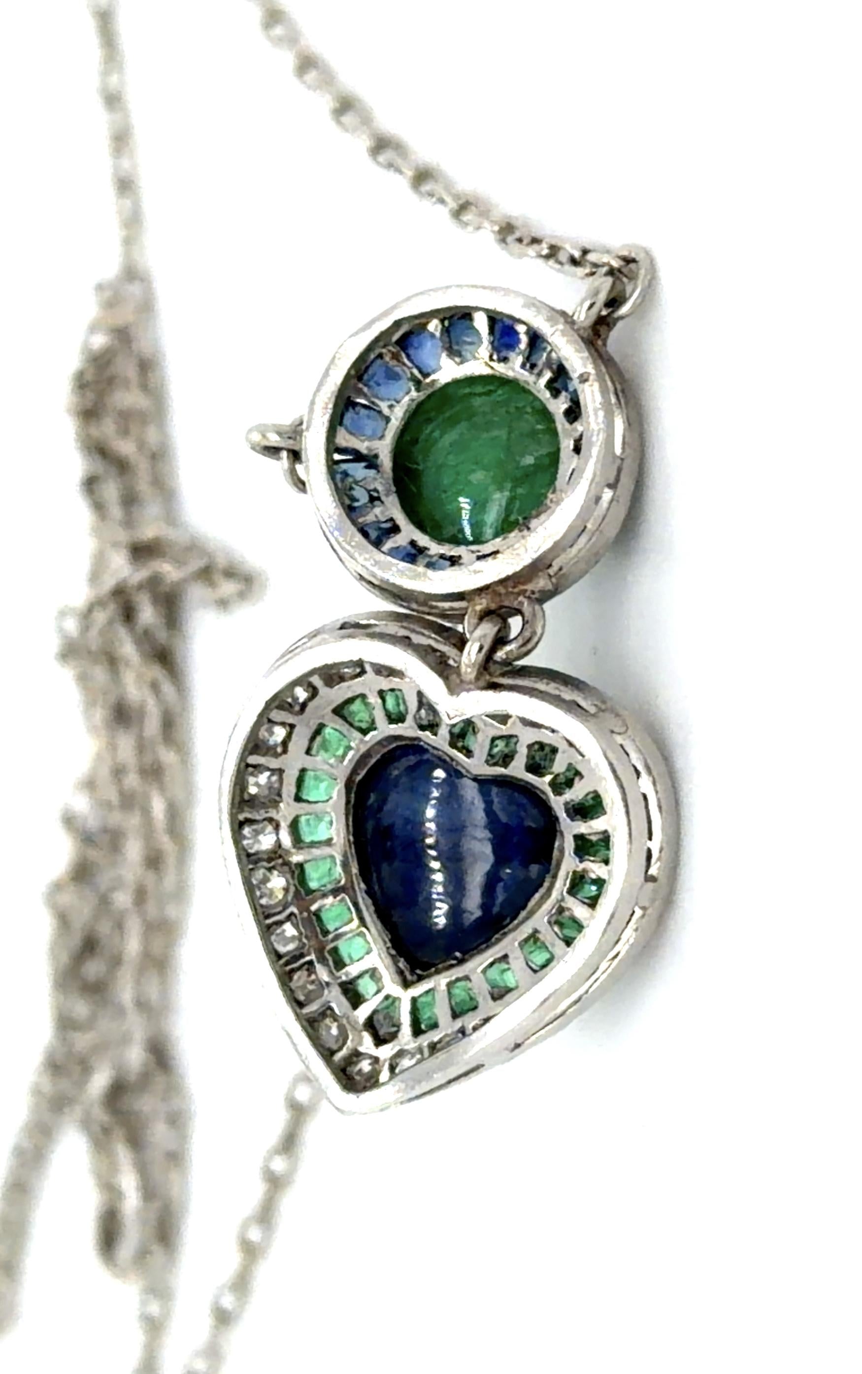 2ct Cabochon Sapphire .60ct Cab Emerald Platinum Handmade Pendant .40ct Emeralds