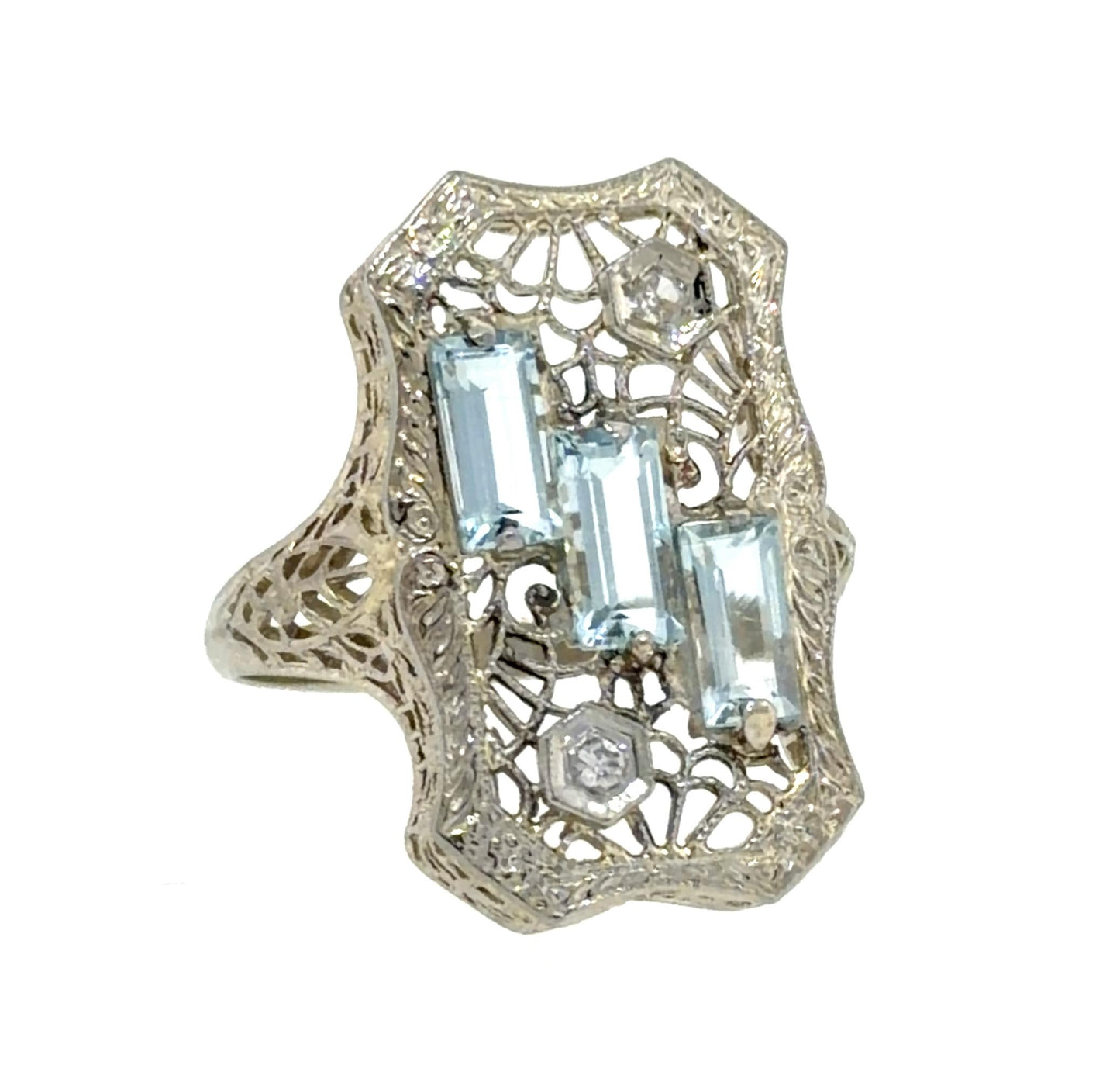 Art Deco 1ct Aquamarine .04ct Diamond 18KW Gold Ring (Vintage 1930s)