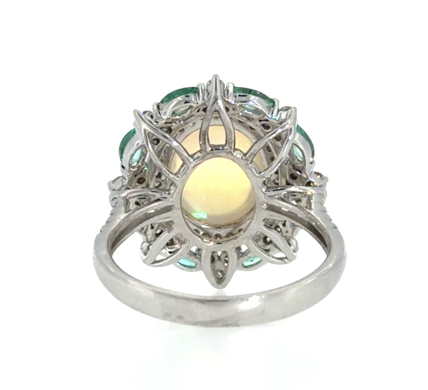 5ct Mexican Jelly Opal 1ct Diamond .80ct Emerald 18KW Gold Ring 6.90g 10.50 Size