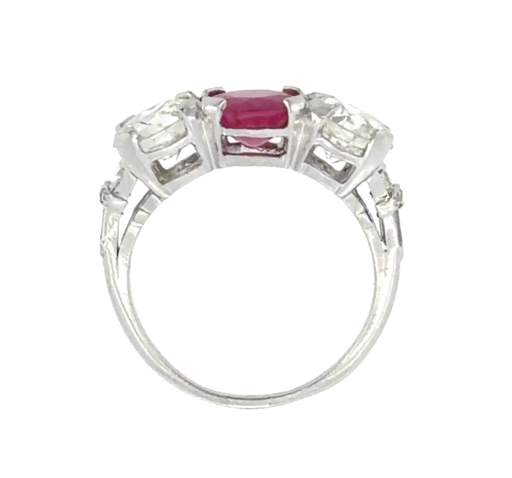 Art Deco 1.55ct Ruby 2.27ct Euro Diamond Platinum Three Stone Ring 1930s