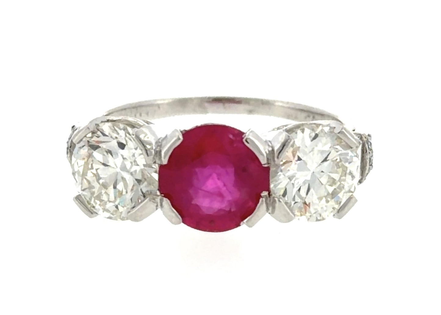 Art Deco 1.55ct Ruby 2.27ct Euro Diamond Platinum Three Stone Ring 1930s