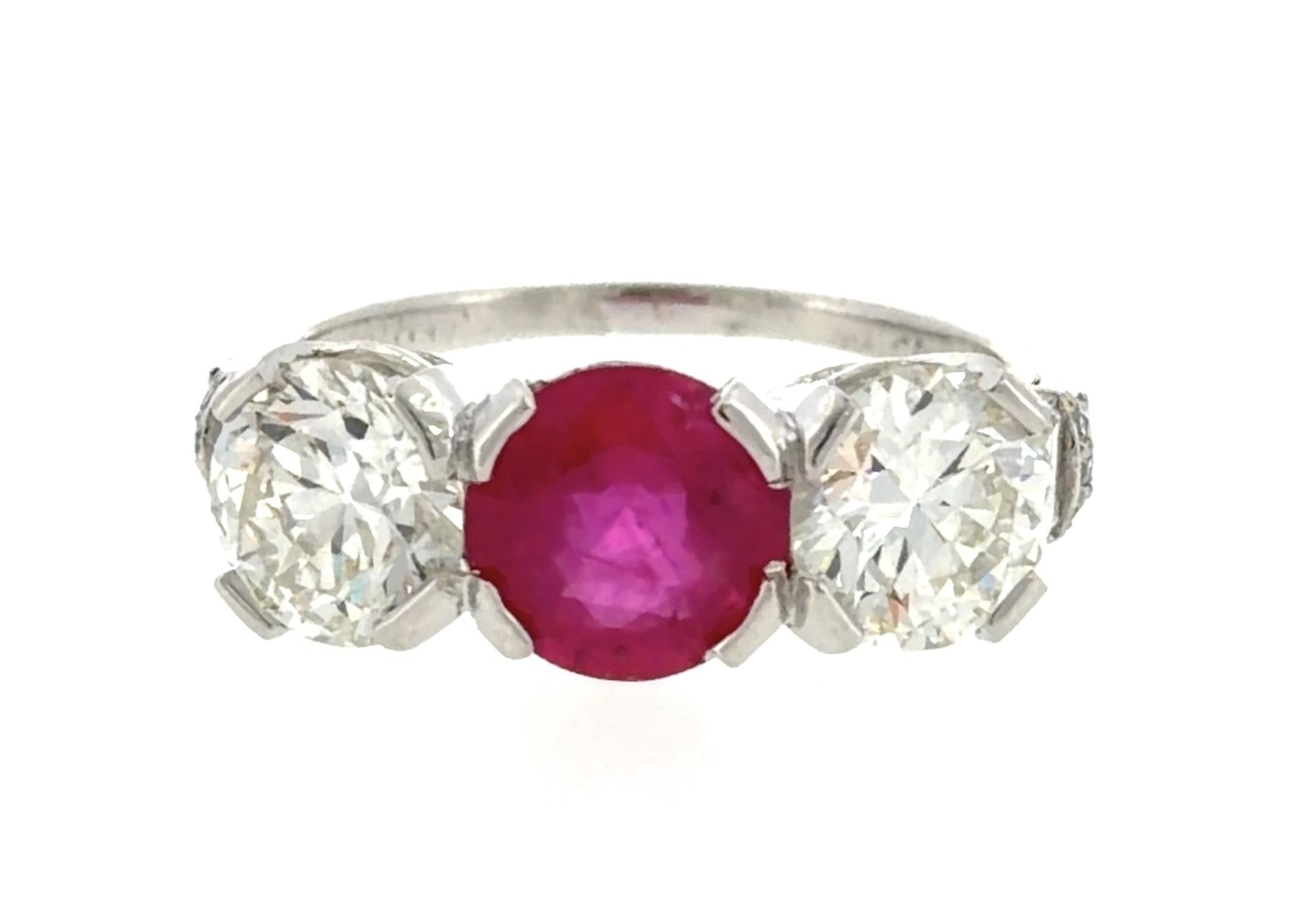 Art Deco 1.55ct Ruby 2.27ct Euro Diamond Platinum Three Stone Ring 1930s