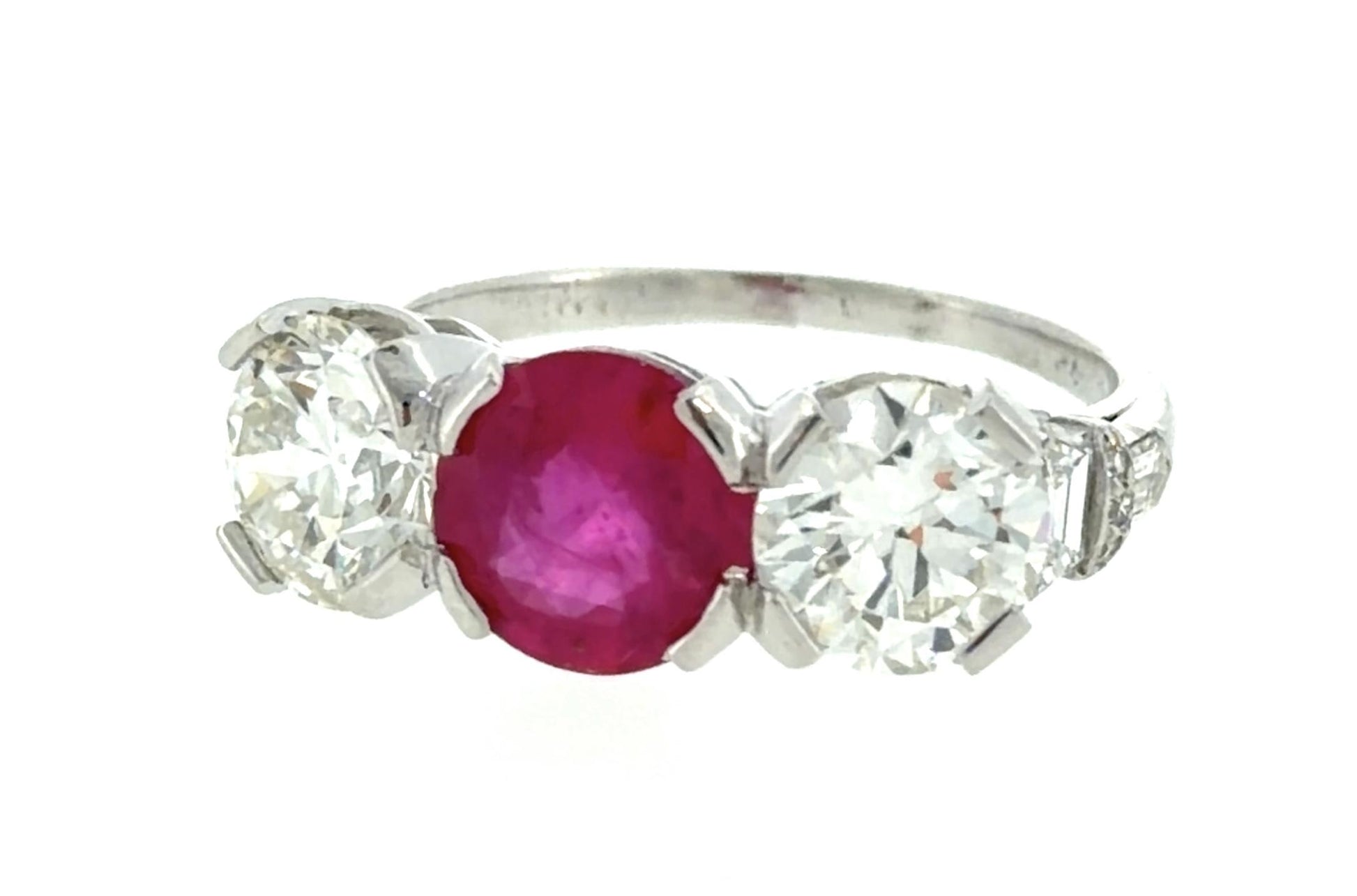 Art Deco 1.55ct Ruby 2.27ct Euro Diamond Platinum Three Stone Ring 1930s