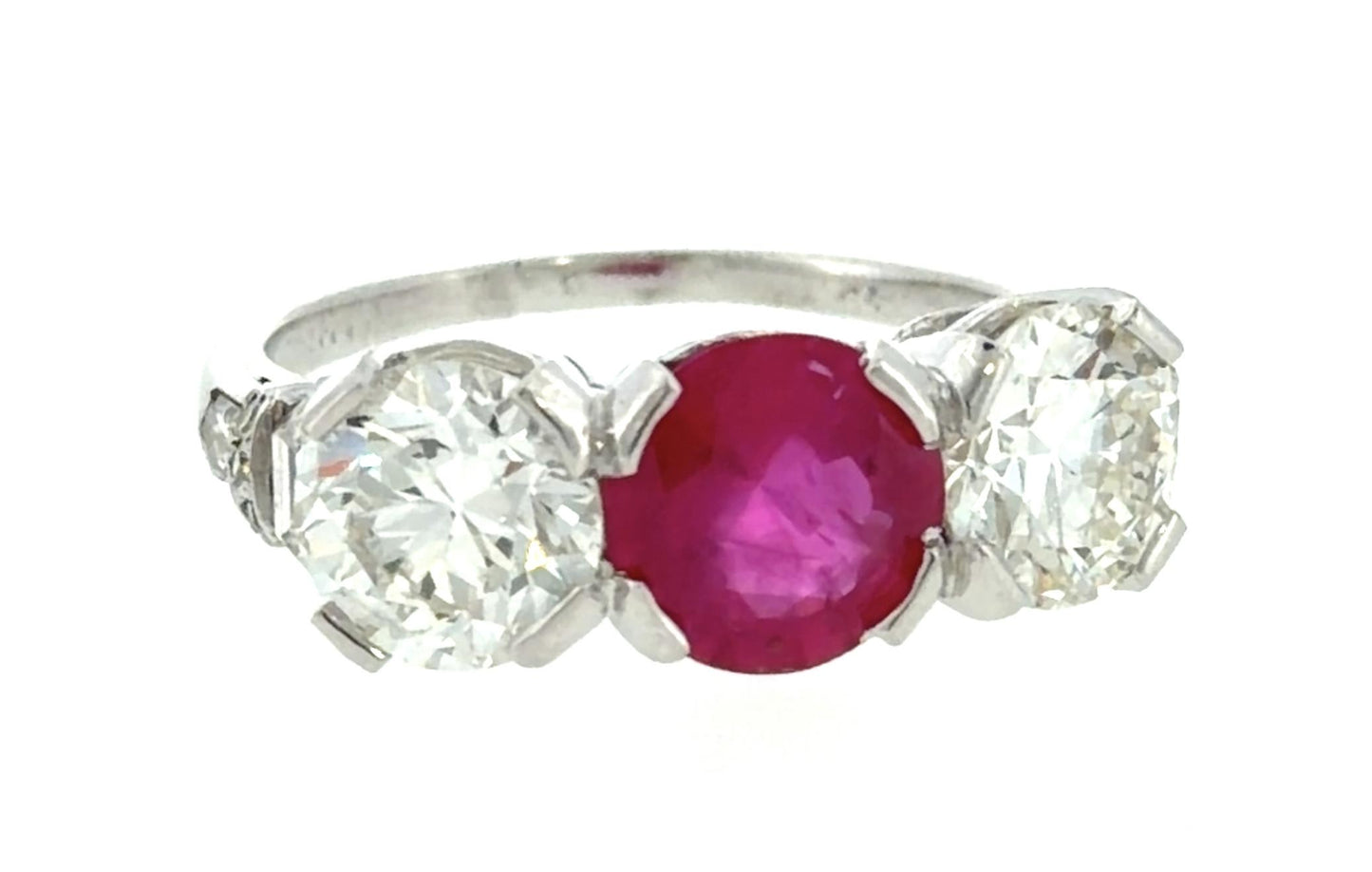 Art Deco 1.55ct Ruby 2.27ct Euro Diamond Platinum Three Stone Ring 1930s