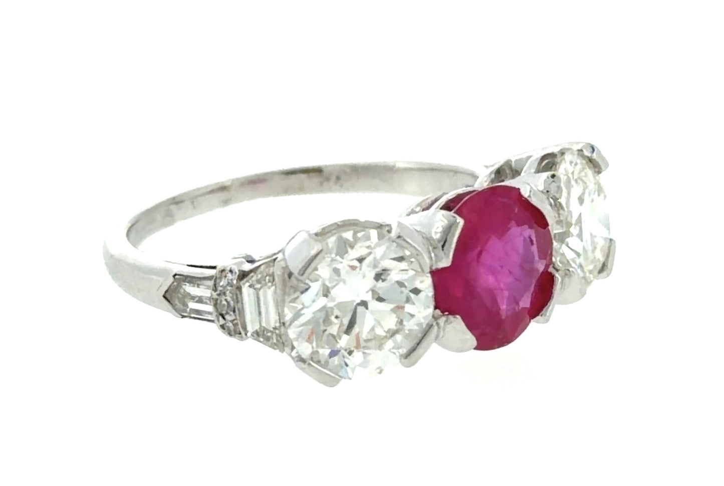 Art Deco 1.55ct Ruby 2.27ct Euro Diamond Platinum Three Stone Ring 1930s