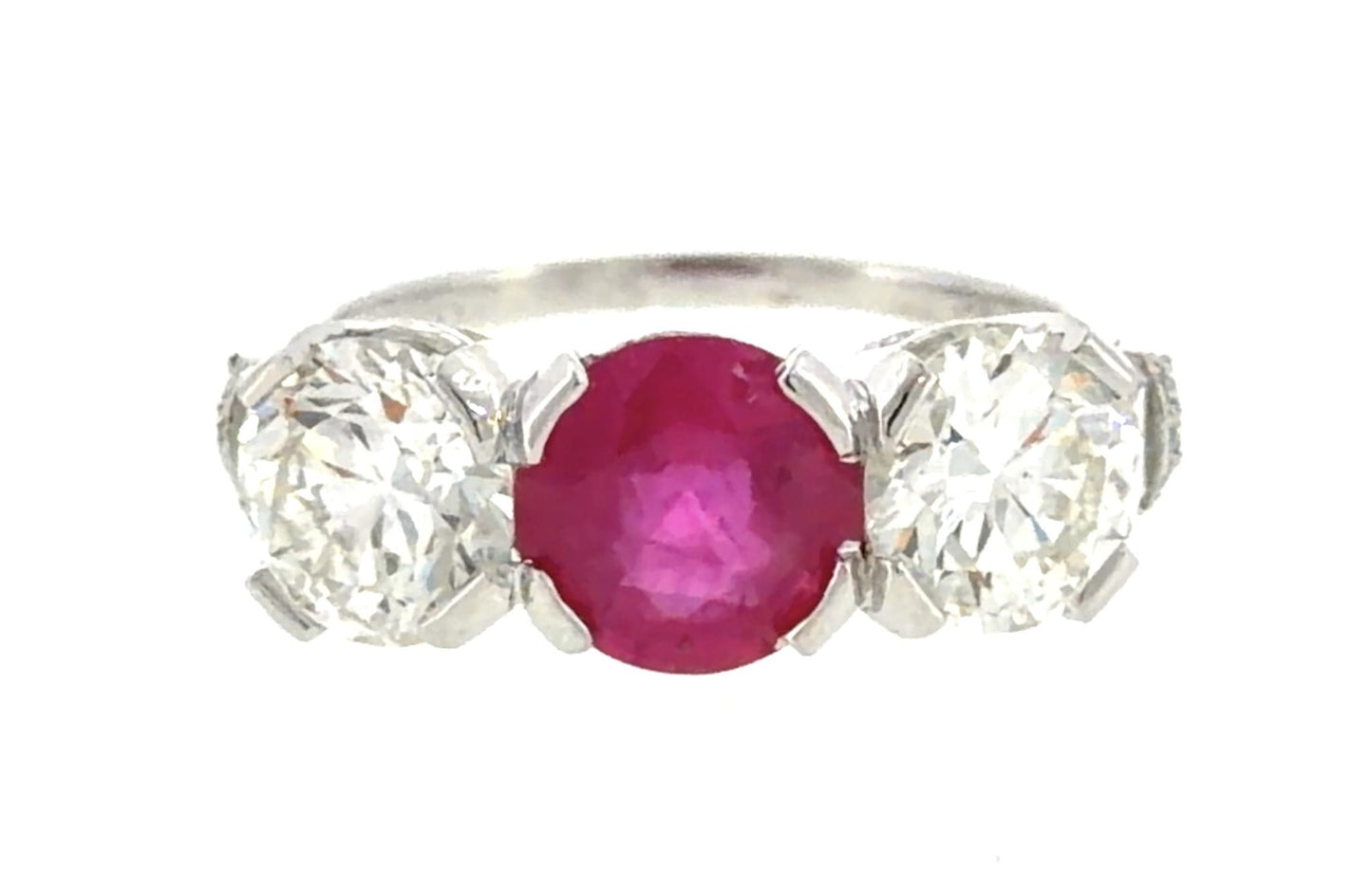 Art Deco 1.55ct Ruby 2.27ct Euro Diamond Platinum Three Stone Ring 1930s