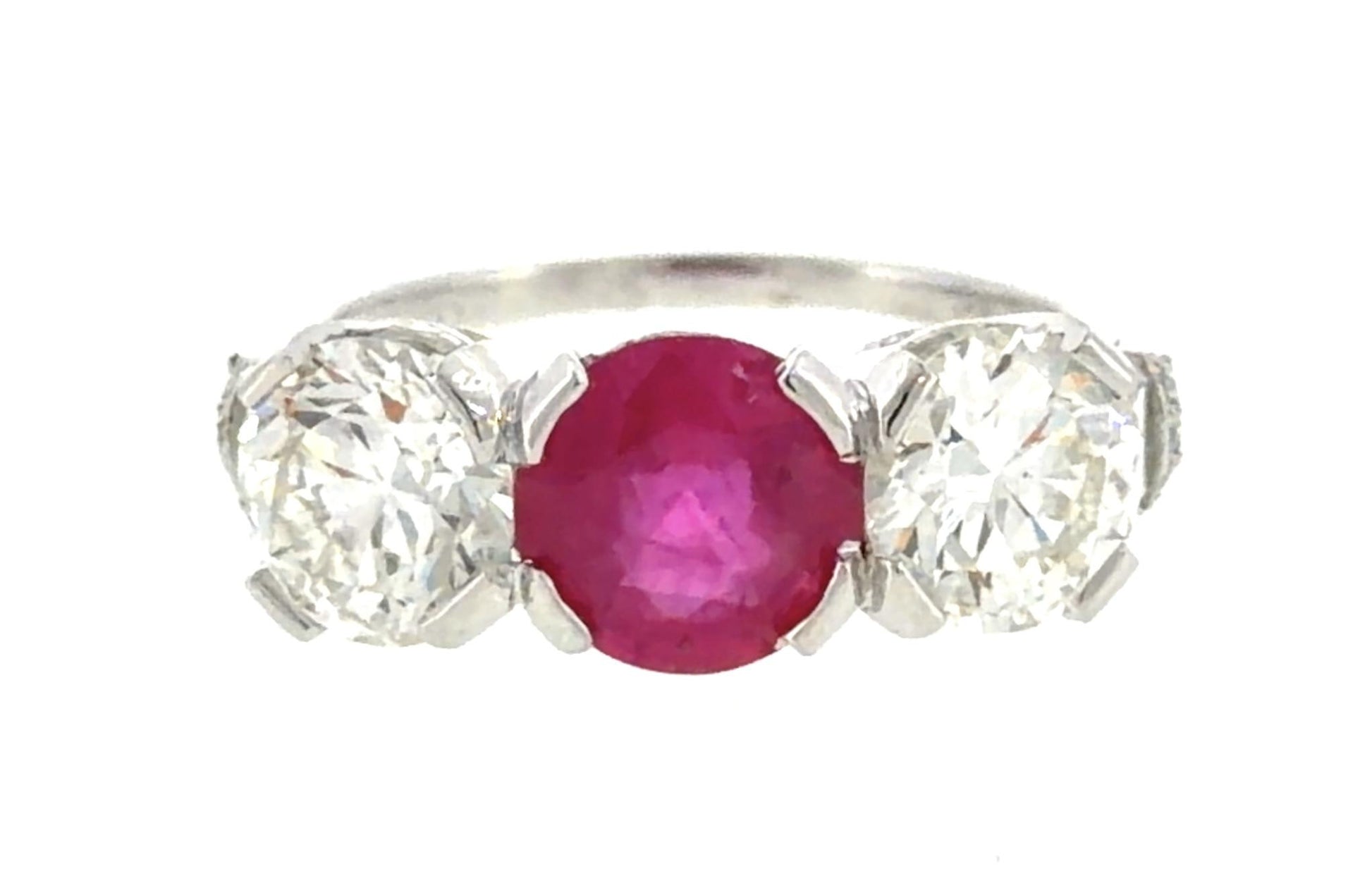 Art Deco 1.55ct Ruby 2.27ct Euro Diamond Platinum Three Stone Ring 1930s