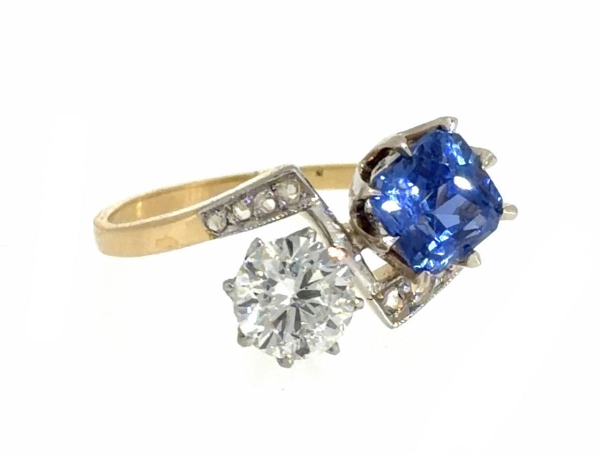 Edwardian .71ct Euro Diamond 1.62ct Cushion Sapphire 18KY Gold + PT Ring