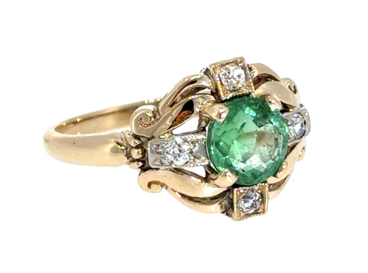 1.24ct Emerald .12ct Diamond 14KY Two Tone Gold Ring (Vintage 1930s) 3.10g 6.50