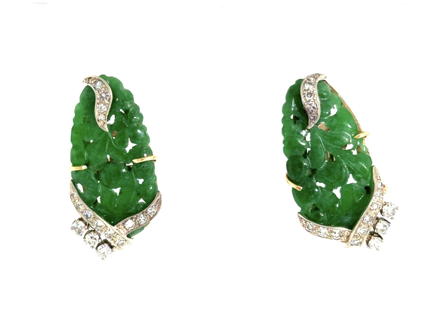 Art Deco 30ct Carved Jade .90ct Diamond 14KY Gold Earrings (Vintage 1930s) 9.69g