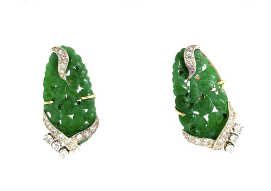 Art Deco 30ct Carved Jade .90ct Diamond 14KY Gold Earrings (Vintage 1930s) 9.69g