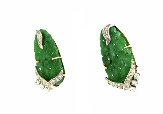 Art Deco 30ct Carved Jade .90ct Diamond 14KY Gold Earrings (Vintage 1930s) 9.69g