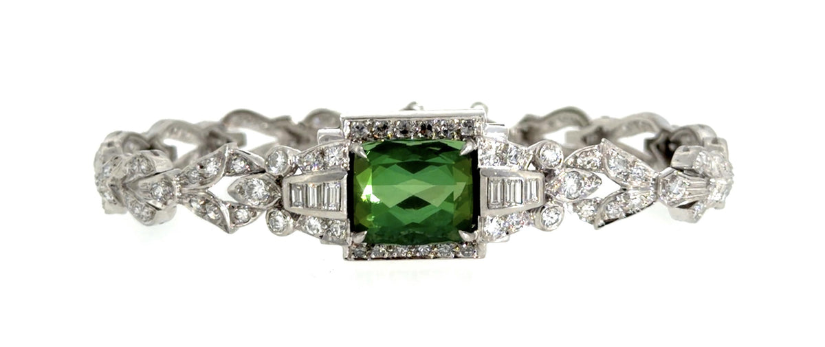 Art Deco 8ct Green Tourmaline Platinum Bracelet (Vintage 1930s) 28.56g 7"