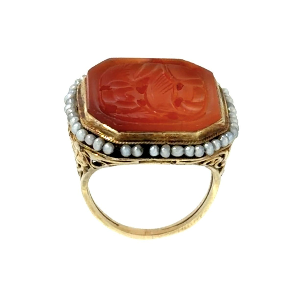 Victorian Carved Carnelian Songbird Motif 10KY Ring (Antique 1890s) Seed Pearls