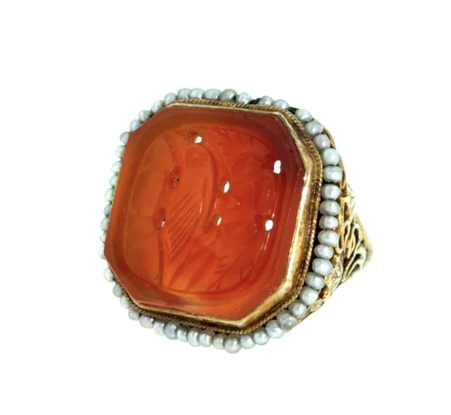 Victorian Carved Carnelian Songbird Motif 10KY Ring (Antique 1890s) Seed Pearls