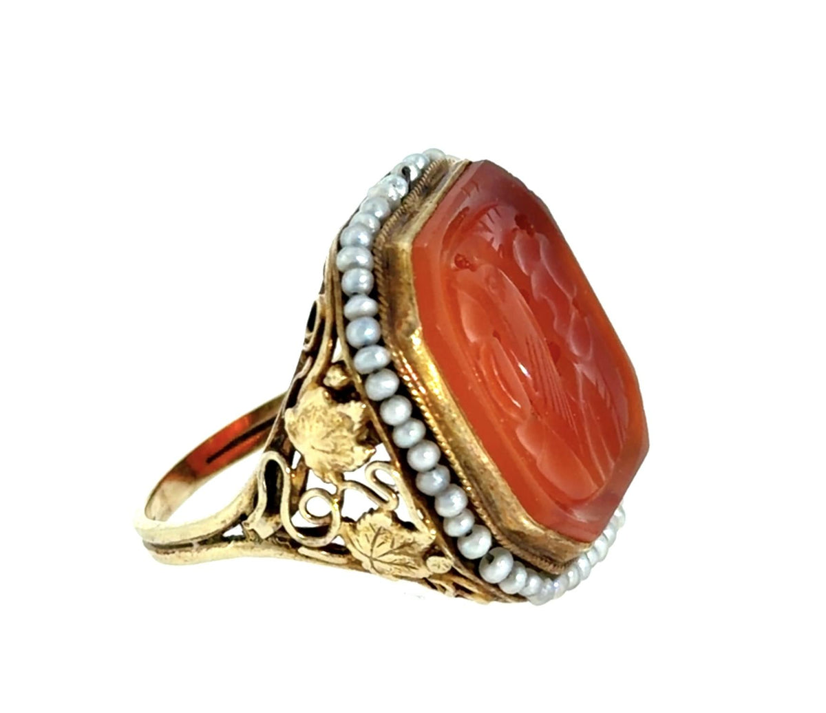 Victorian Carved Carnelian Songbird Motif 10KY Ring (Antique 1890s) Seed Pearls