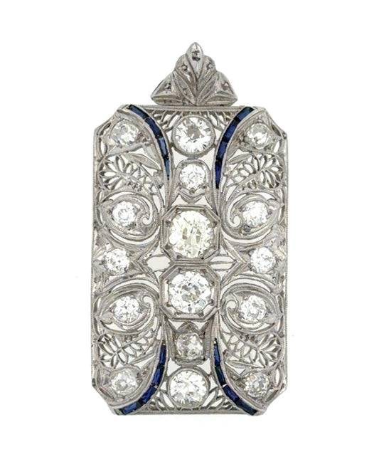Original Art Deco 2ct (Two Center Euro Diamond) 2.50ct SD Platinum Pendant 1920s