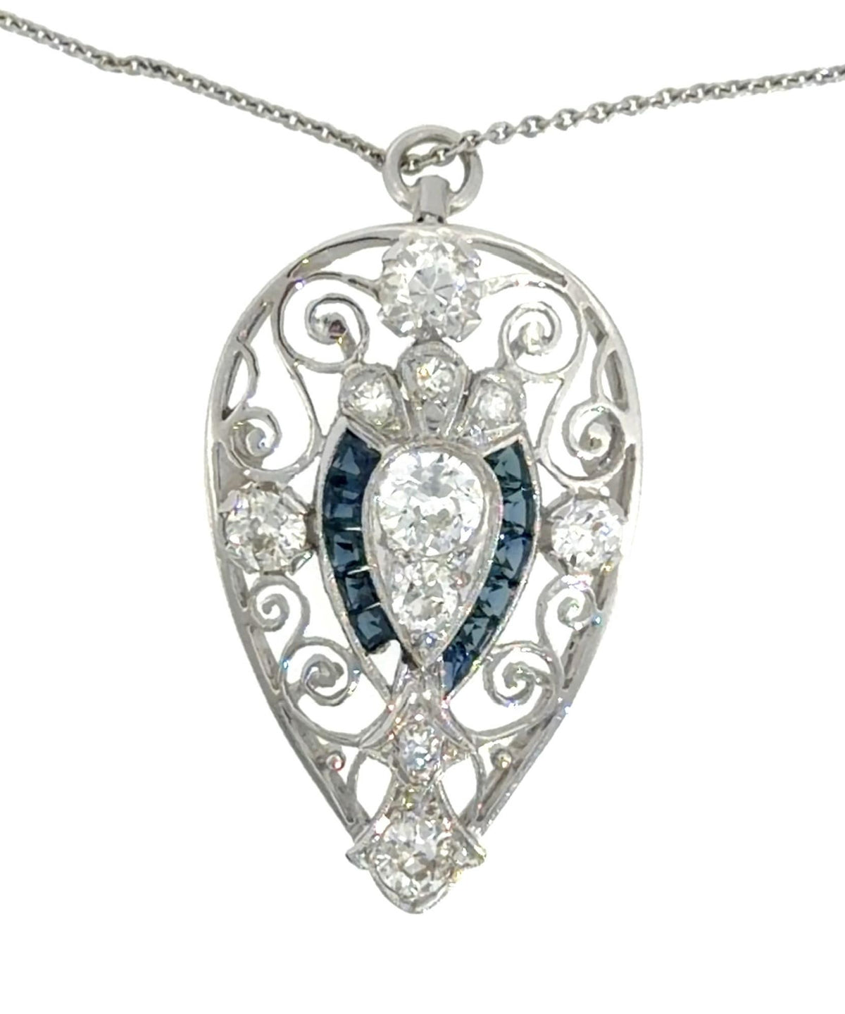 Original Art Deco 1.85ct Euro Diamond 1ct Sapphire 14KW Gold Pendant 1920s