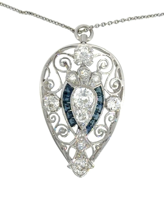 Original Art Deco 1.85ct Euro Diamond 1ct Sapphire 14KW Gold Pendant 1920s