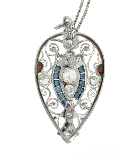 Original Art Deco 1.85ct Euro Diamond 1ct Sapphire 14KW Gold Pendant 1920s