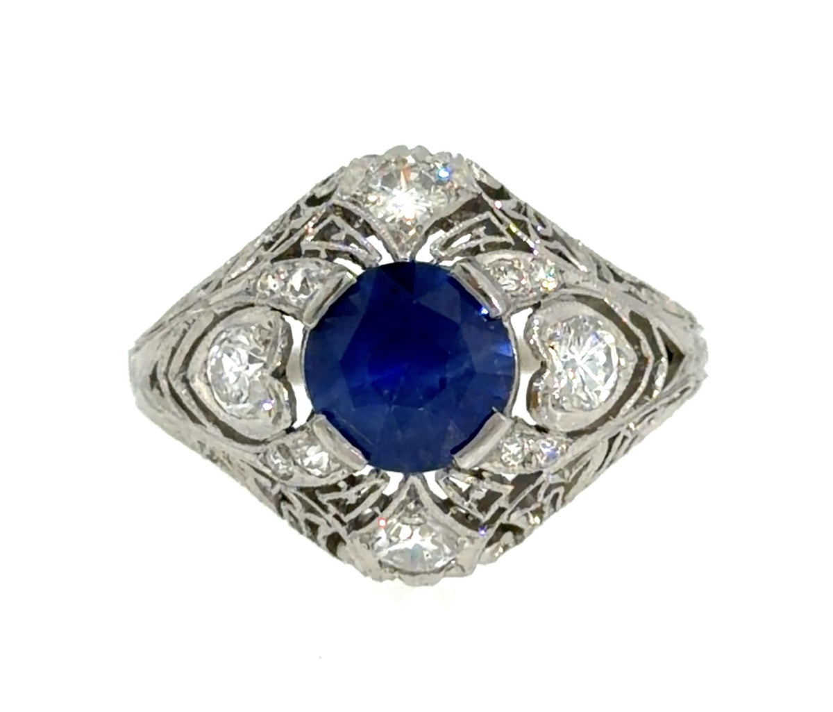 2.45ct Round Sapphire .32ct Euro Diamond Platinum Handmade Ring 6.58g 8 Size