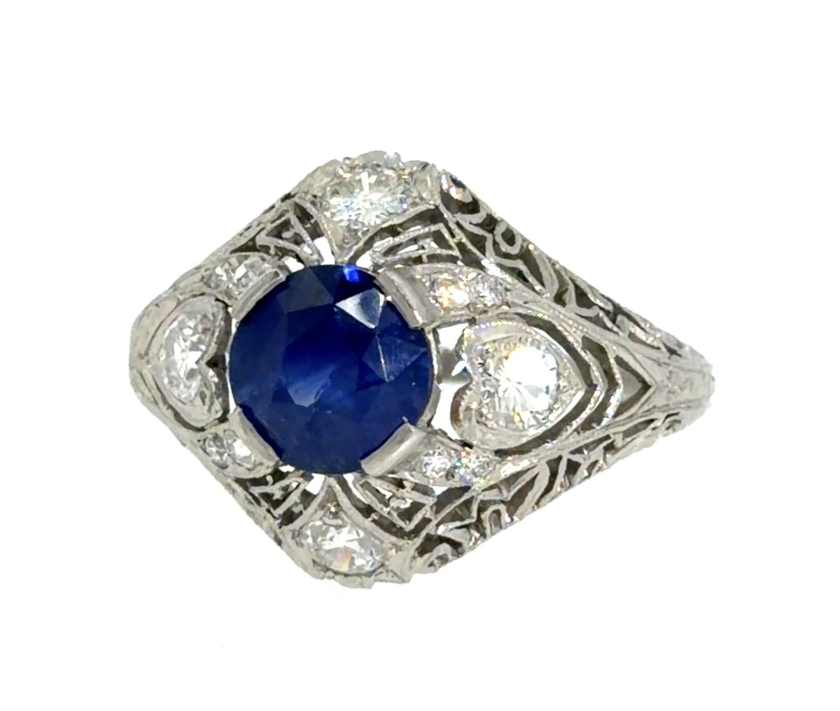 2.45ct Round Sapphire .32ct Euro Diamond Platinum Handmade Ring 6.58g 8 Size