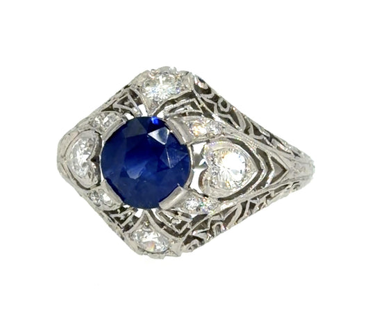 2.45ct Round Sapphire .32ct Euro Diamond Platinum Handmade Ring 6.58g 8 Size