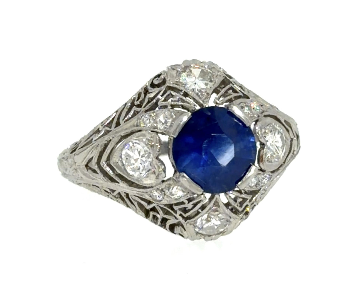 2.45ct Round Sapphire .32ct Euro Diamond Platinum Handmade Ring 6.58g 8 Size