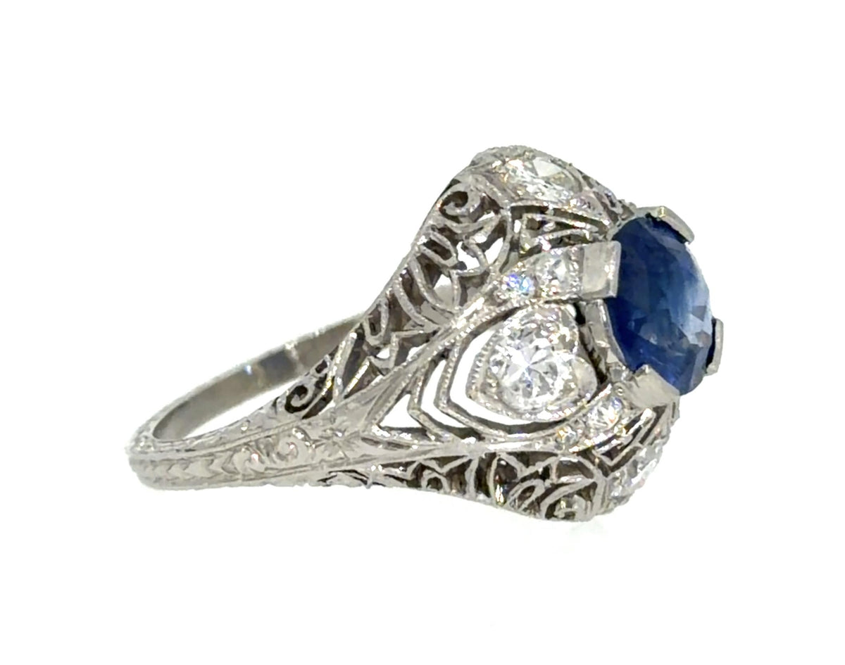 2.45ct Round Sapphire .32ct Euro Diamond Platinum Handmade Ring 6.58g 8 Size