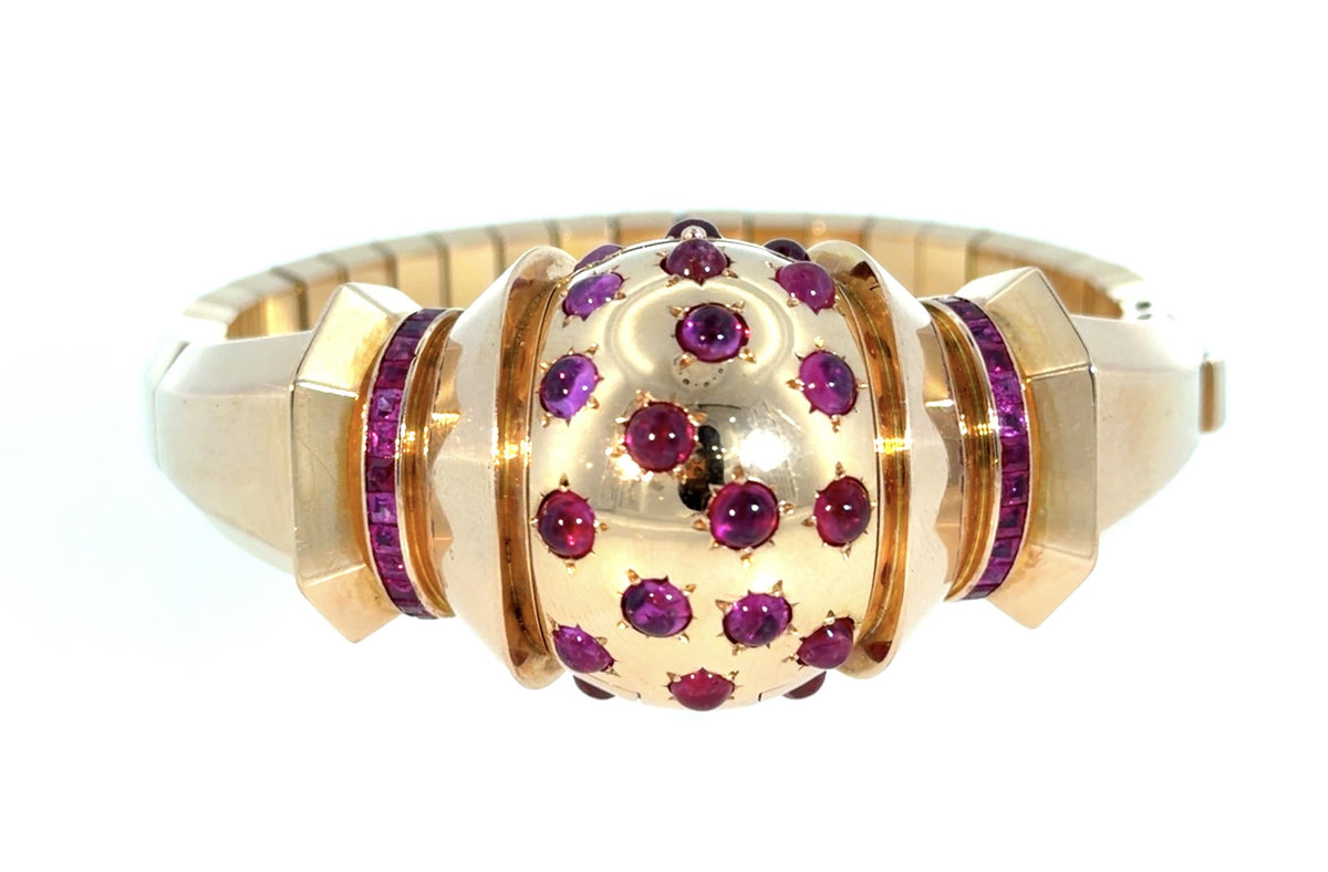 French Ruby Retro 18K Rose Gold Bendable Bracelet (Vintage 1940s) 72.1g
