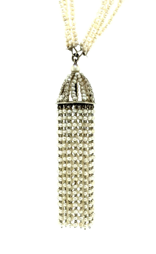 Edwardian 1.50ct Diamond + Natural Pearl Platinum & 14K Sautoir Necklace