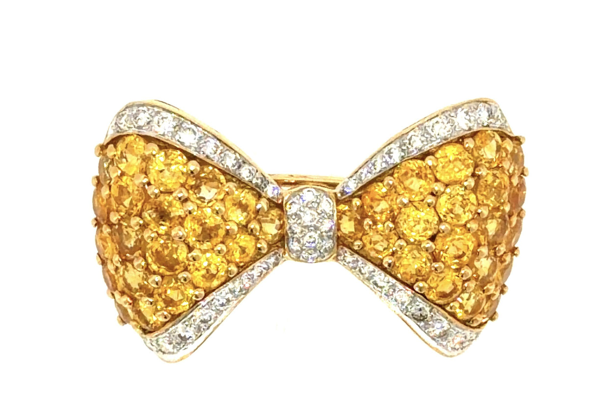 6ct Yellow Sapphire 1ct Diamond Ribbon Brooch 18KY Gold Brooch 1.5" 12.7g