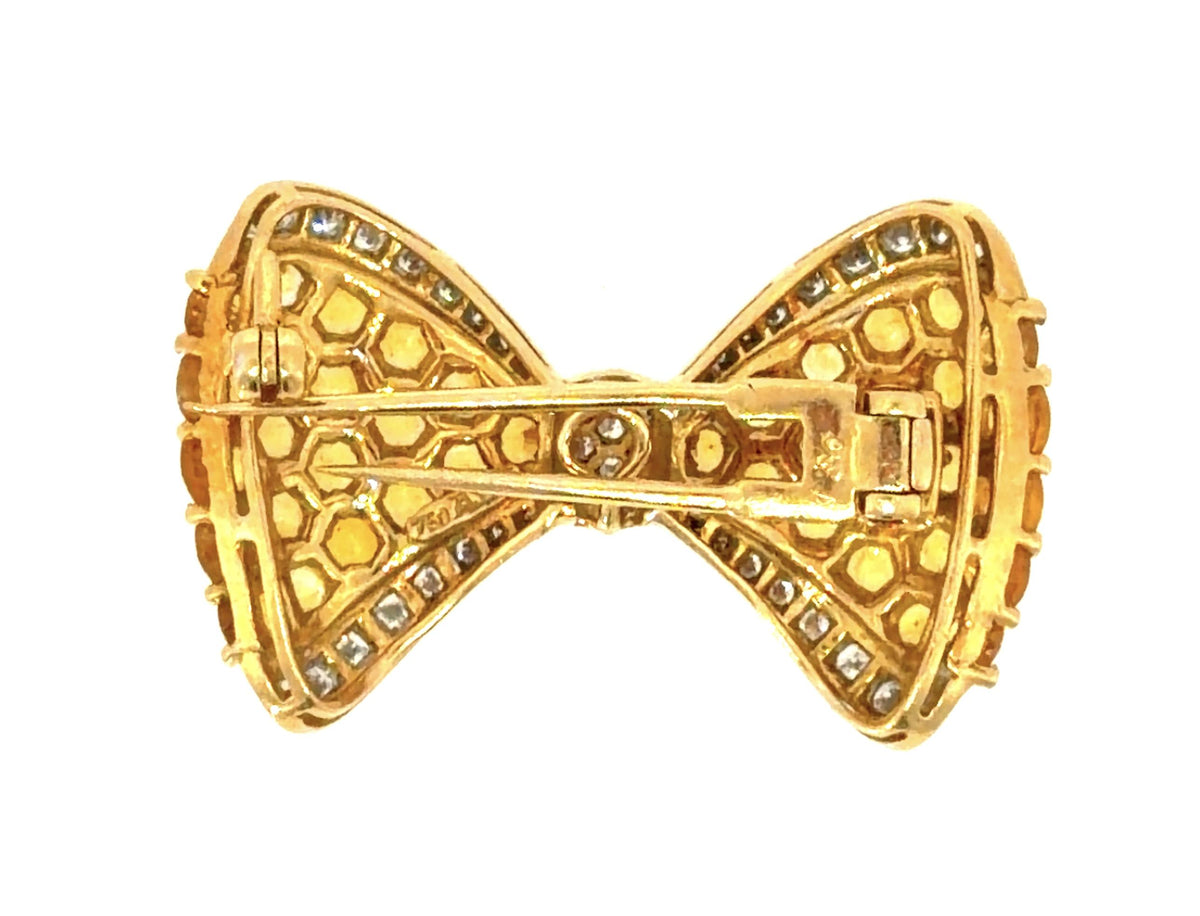 6ct Yellow Sapphire 1ct Diamond Ribbon Brooch 18KY Gold Brooch 1.5" 12.7g