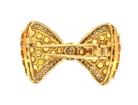 6ct Yellow Sapphire 1ct Diamond Ribbon Brooch 18KY Gold Brooch 1.5" 12.7g