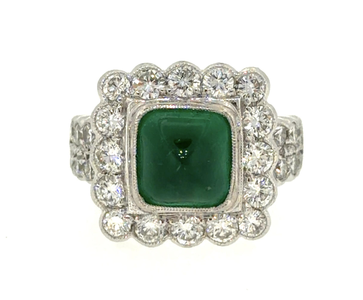 2.50ct Colombian Cabochon Emerald Platinum 2ct Diamond Ring 12.7g