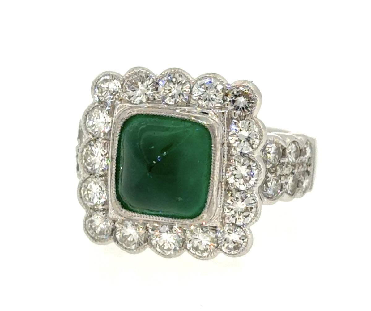 2.50ct Colombian Cabochon Emerald Platinum 2ct Diamond Ring 12.7g
