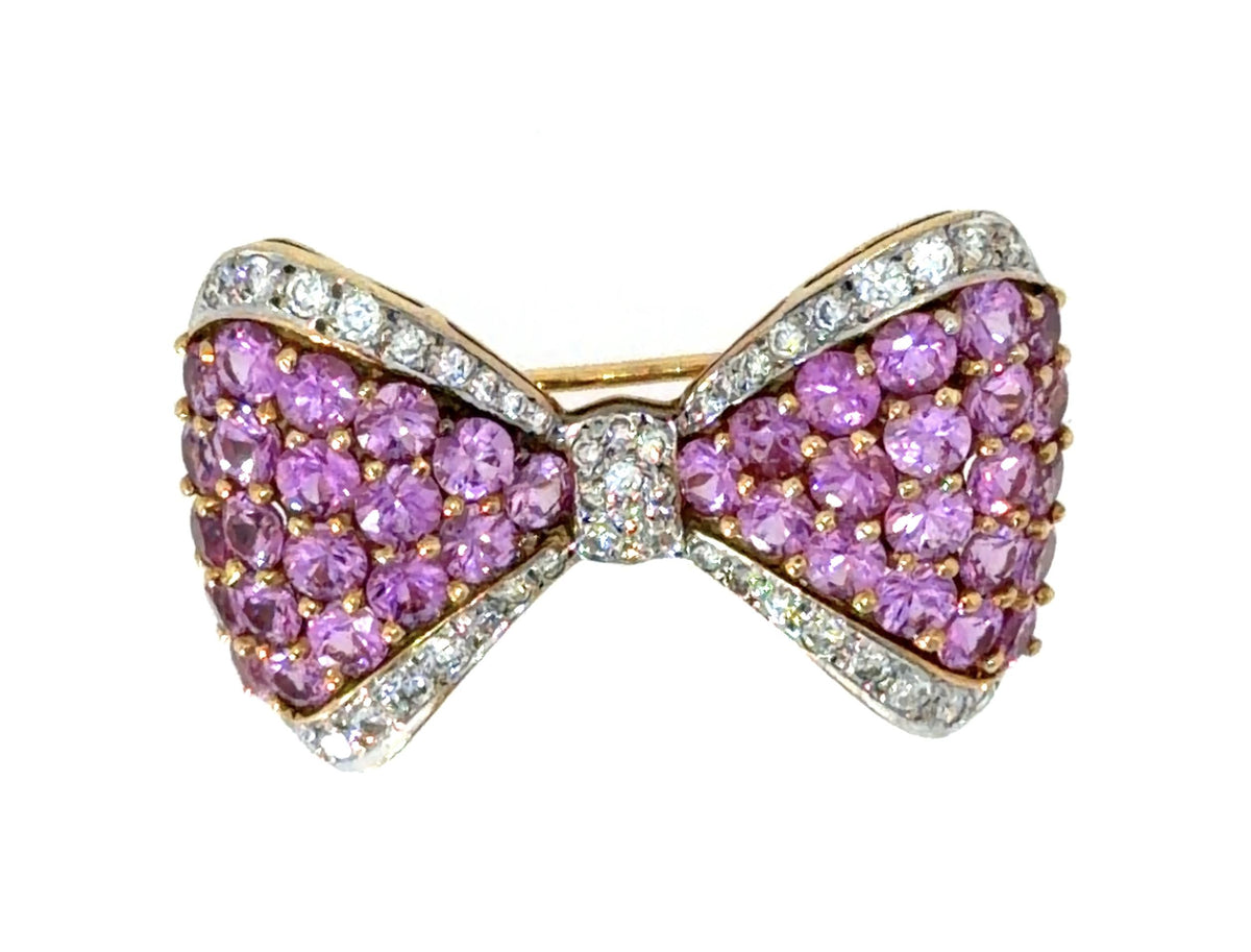 18K Yellow Gold Ribbon Brooch 1.20ct Dia G-H VVS-VS 6ct Pink Sapphire 1.25"