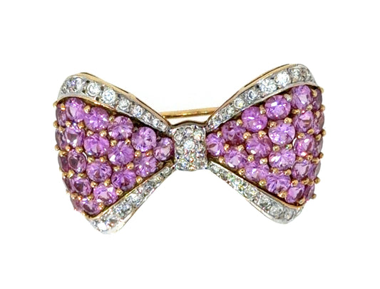 18K Yellow Gold Ribbon Brooch 1.20ct Dia G-H VVS-VS 6ct Pink Sapphire 1.25"