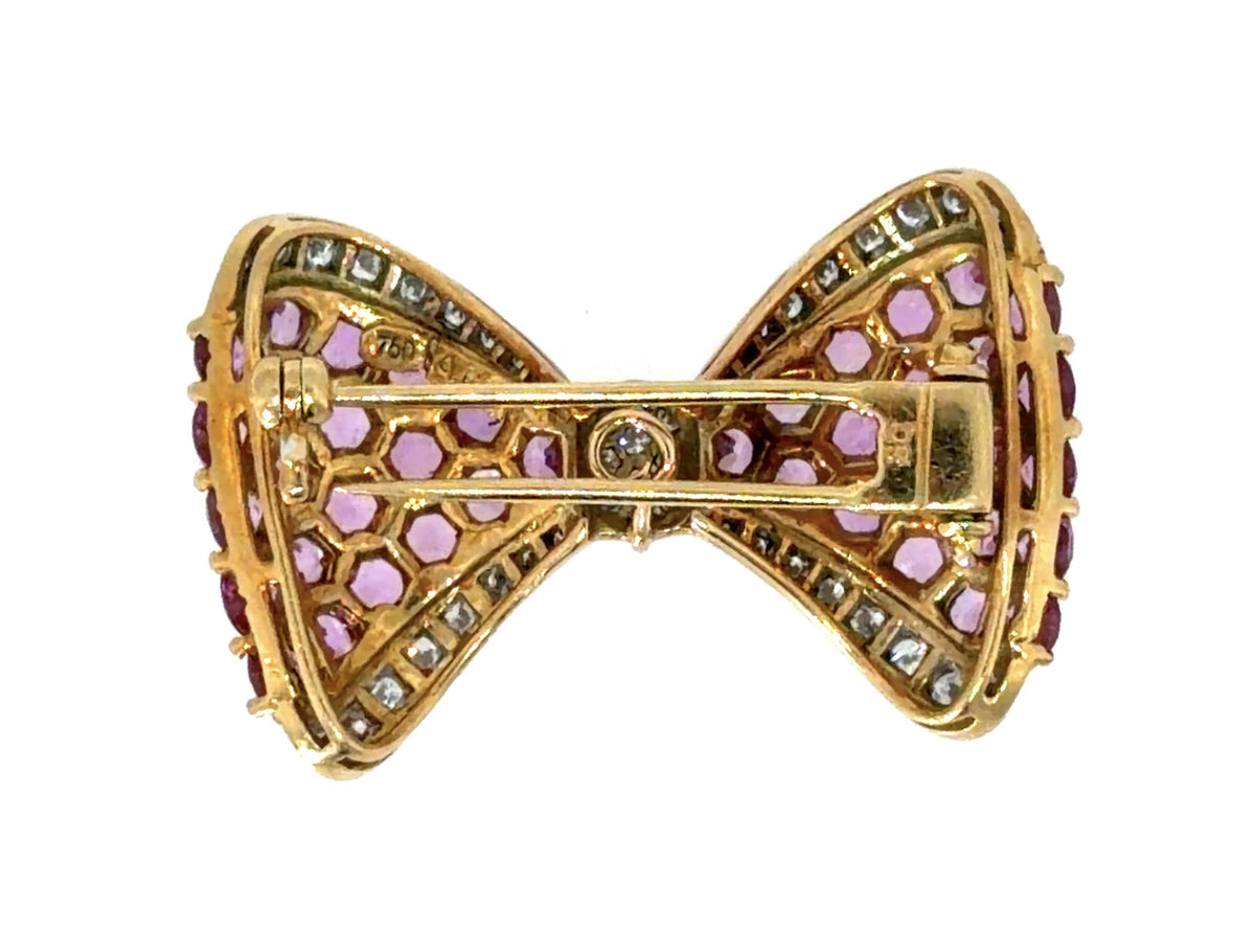 18K Yellow Gold Ribbon Brooch 1.20ct Dia G-H VVS-VS 6ct Pink Sapphire 1.25"