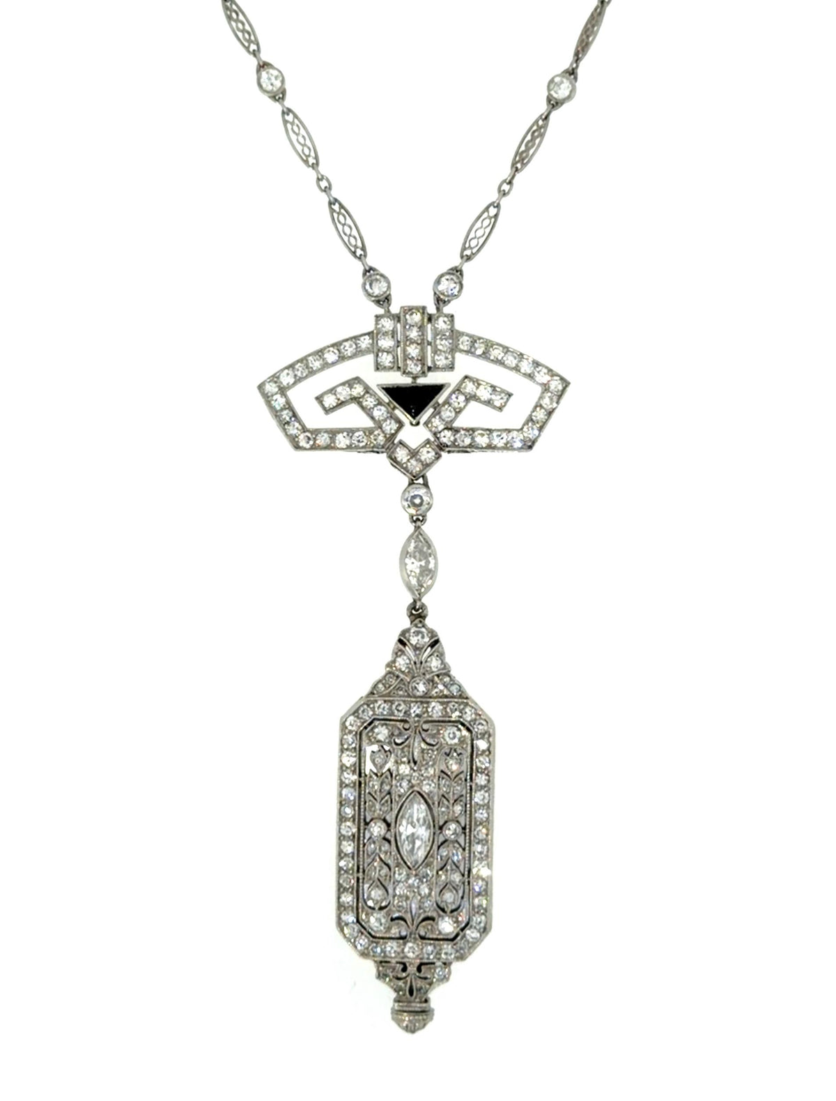 French Art Deco 5ct Euro+Single cut Dia Platinum Diamond Watch Pendant Necklace