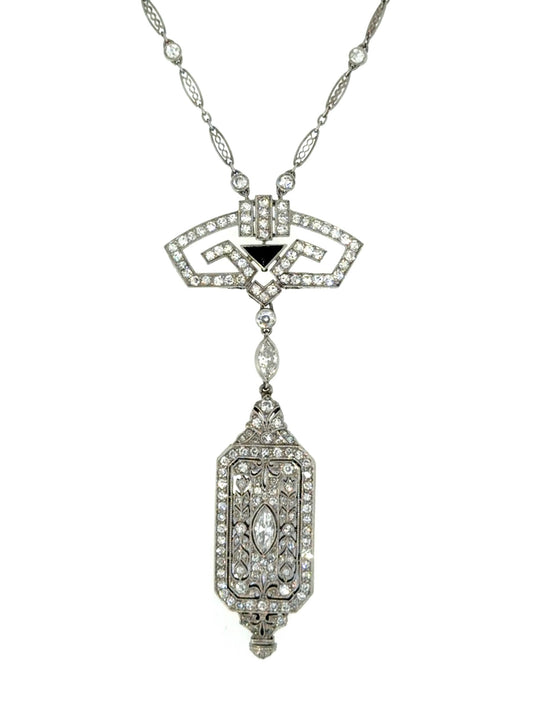 French Art Deco 5ct Euro+Single cut Dia Platinum Diamond Watch Pendant Necklace