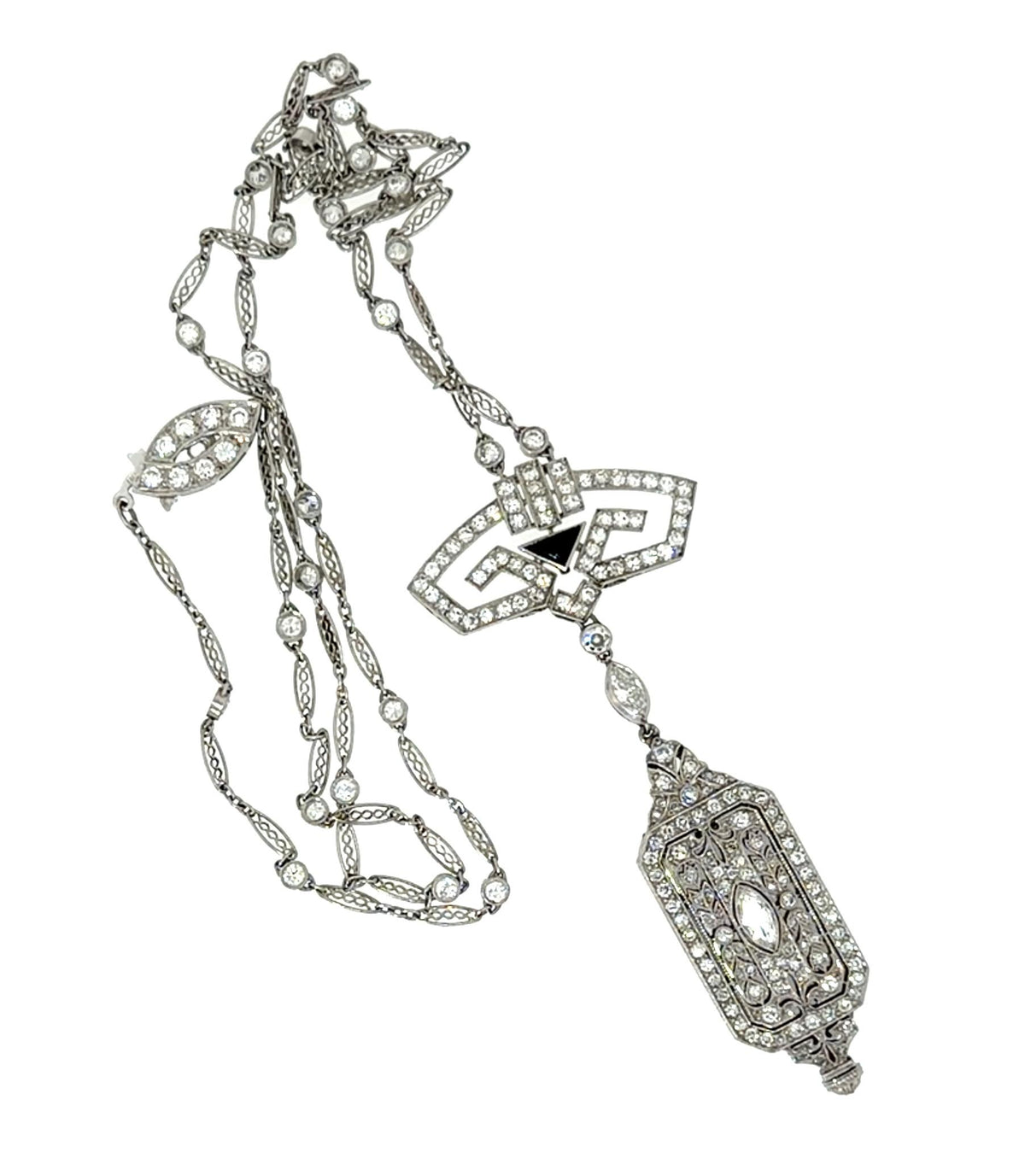 French Art Deco 5ct Euro+Single cut Dia Platinum Diamond Watch Pendant Necklace
