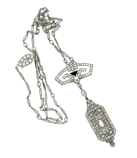 French Art Deco 5ct Euro+Single cut Dia Platinum Diamond Watch Pendant Necklace