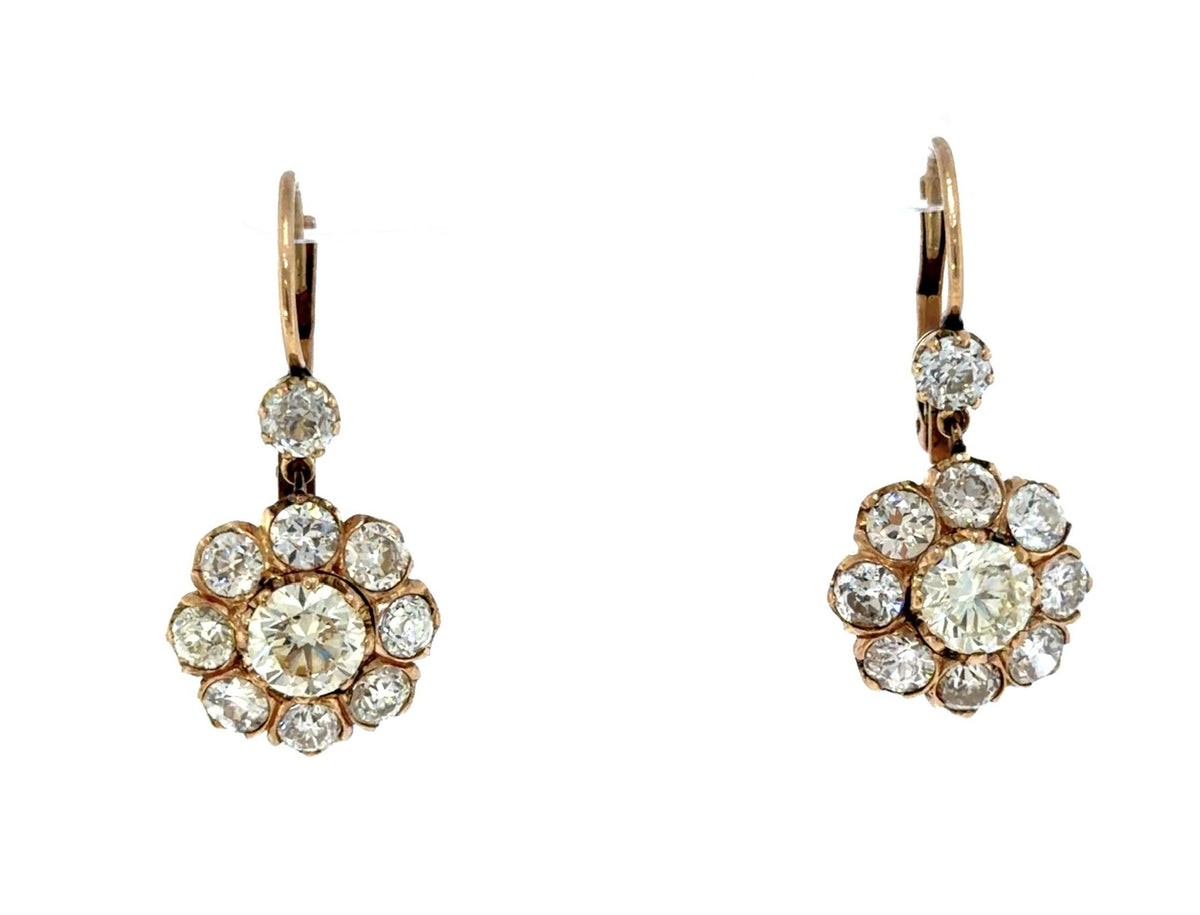 18K Yellow Gold Dia Cluster Earrings 2.20ct (Two Old Euro Dia) 4.40ct SD