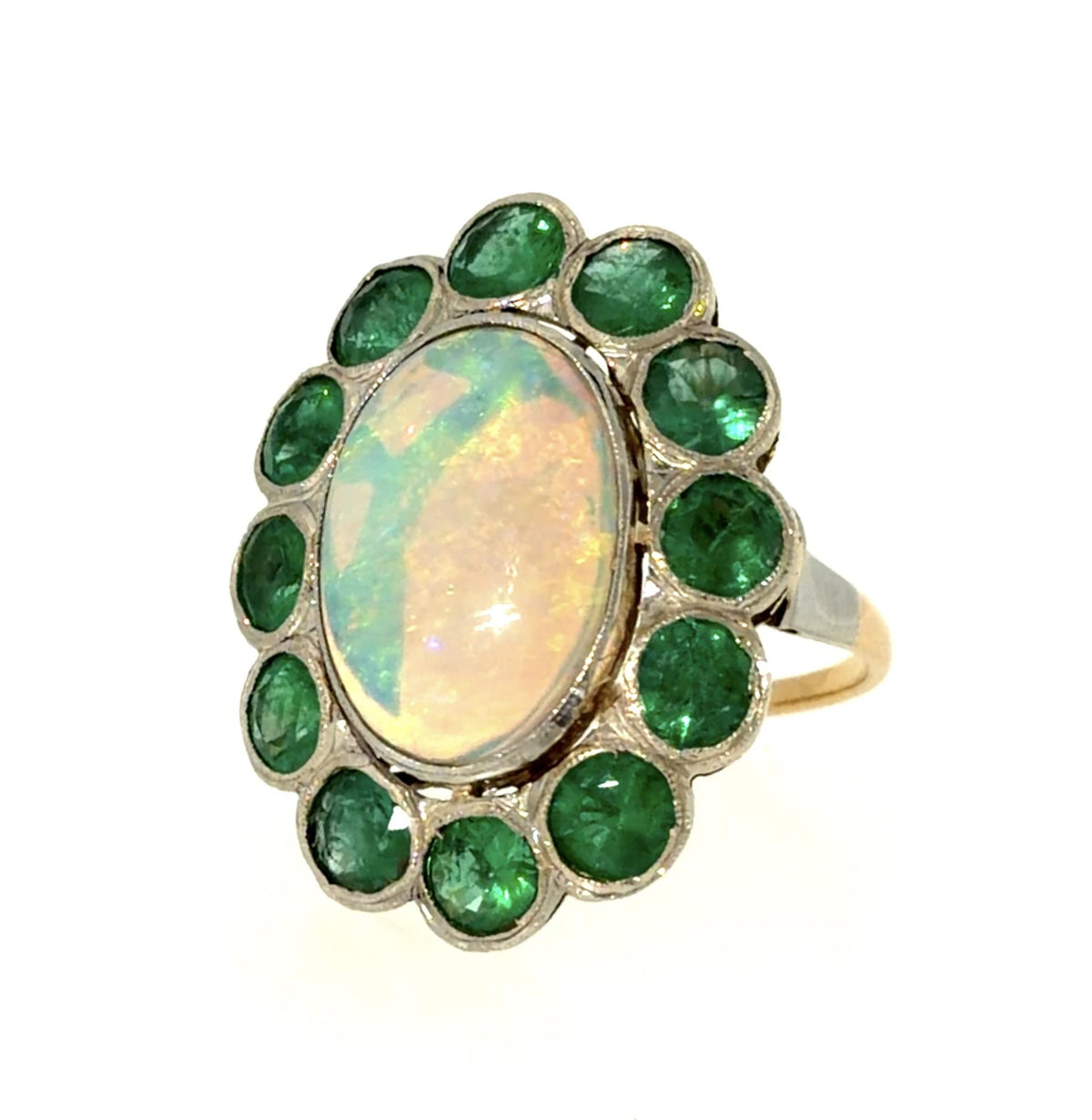 Original Edwardian 3.50ct Opal 3.73ct Emerald 14K Two Tone Ring (Antique 1900s)