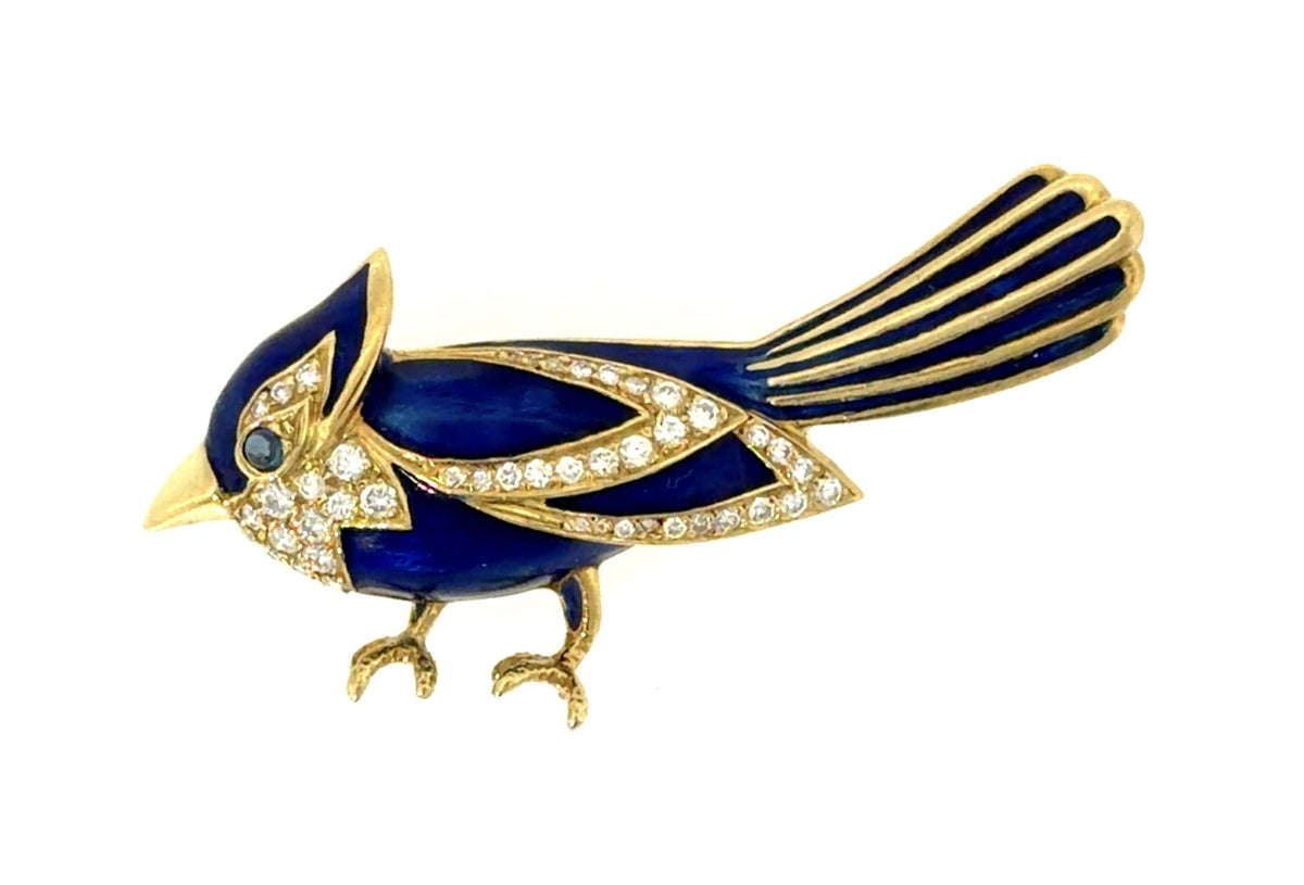 .80ct Diamond + Enamel 18KY Gold Bird Brooch (Vintage 1960s) 10g 2.25"