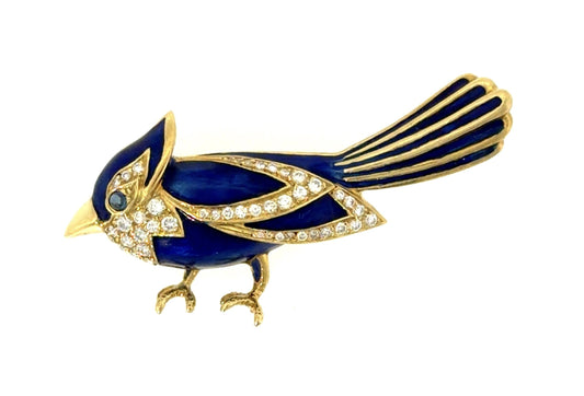 .80ct Diamond + Enamel 18KY Gold Bird Brooch (Vintage 1960s) 10g 2.25"