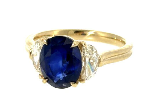 3.47ct Oval Sri Lanka Heated Sapphire .74ct Half Moon Diamond 14KY Gold Ring