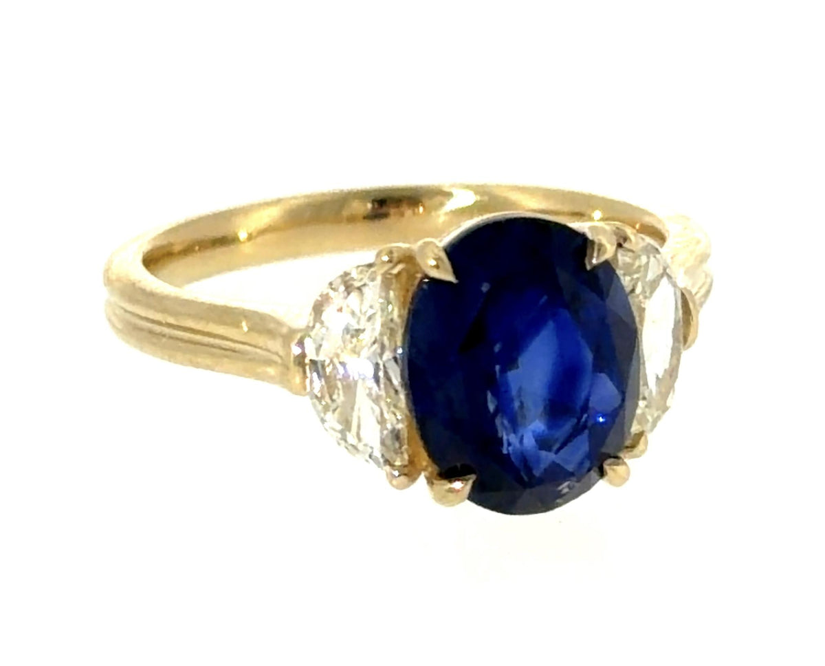 3.47ct Oval Sri Lanka Heated Sapphire .74ct Half Moon Diamond 14KY Gold Ring